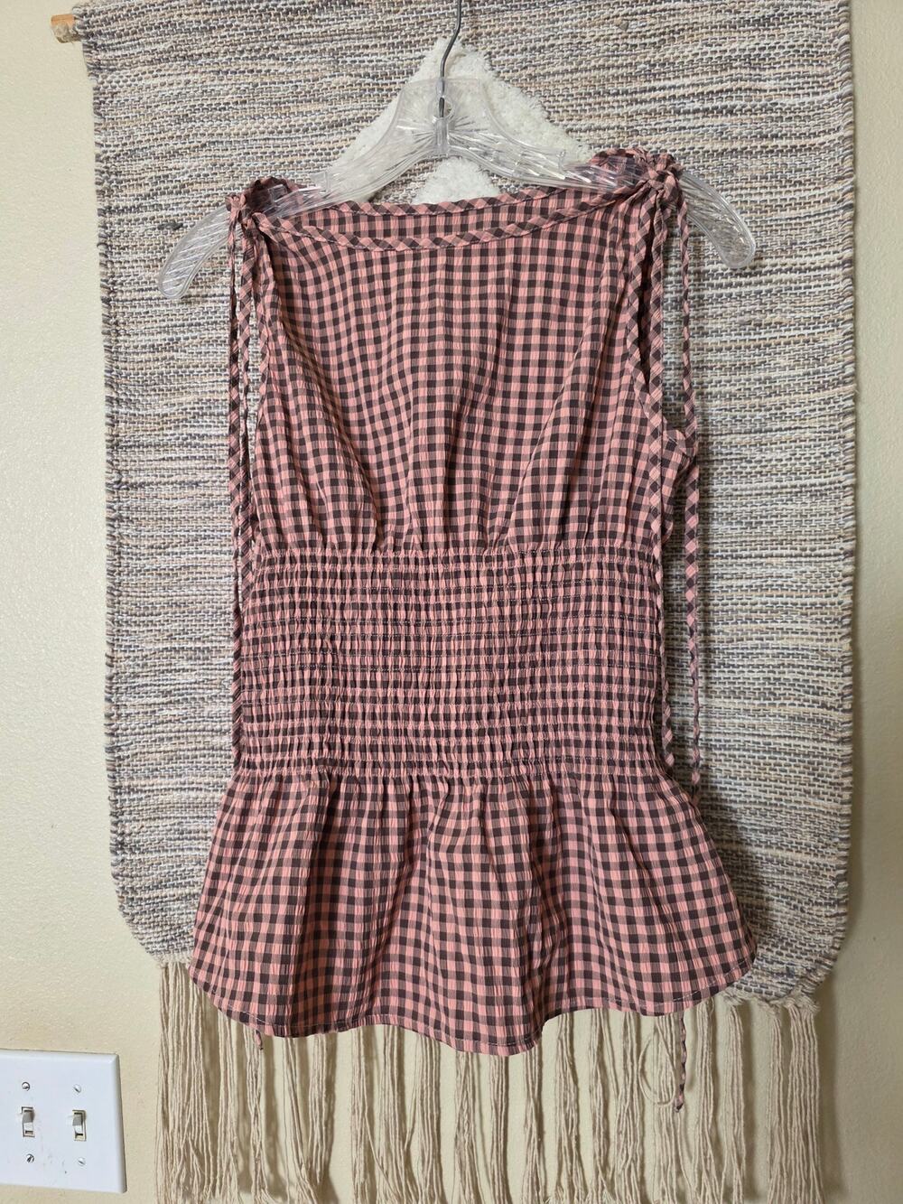 Women’s L Pink Brown Gingham Plaid Ruched Waist Tie Shoulder Romper
